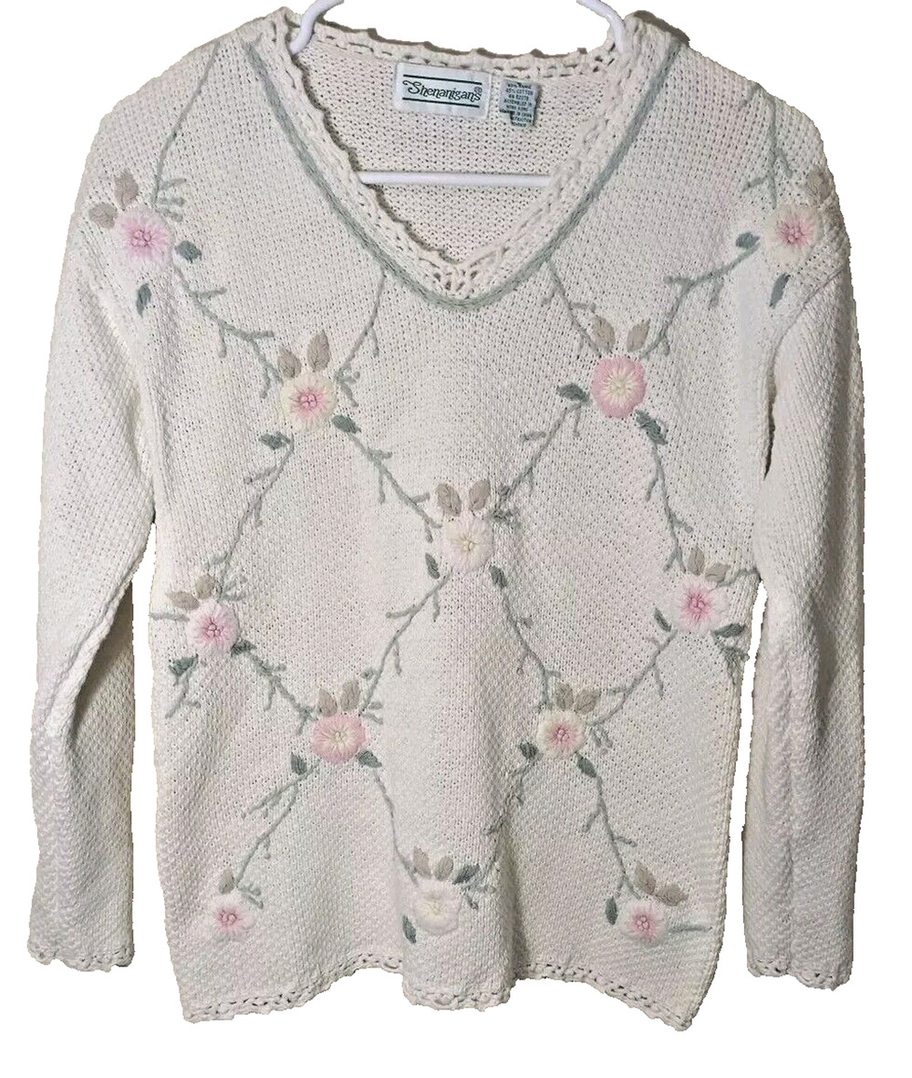VTG Shenanigans Floral Embroidered Knit Sweater Small Cottagecore Grandma